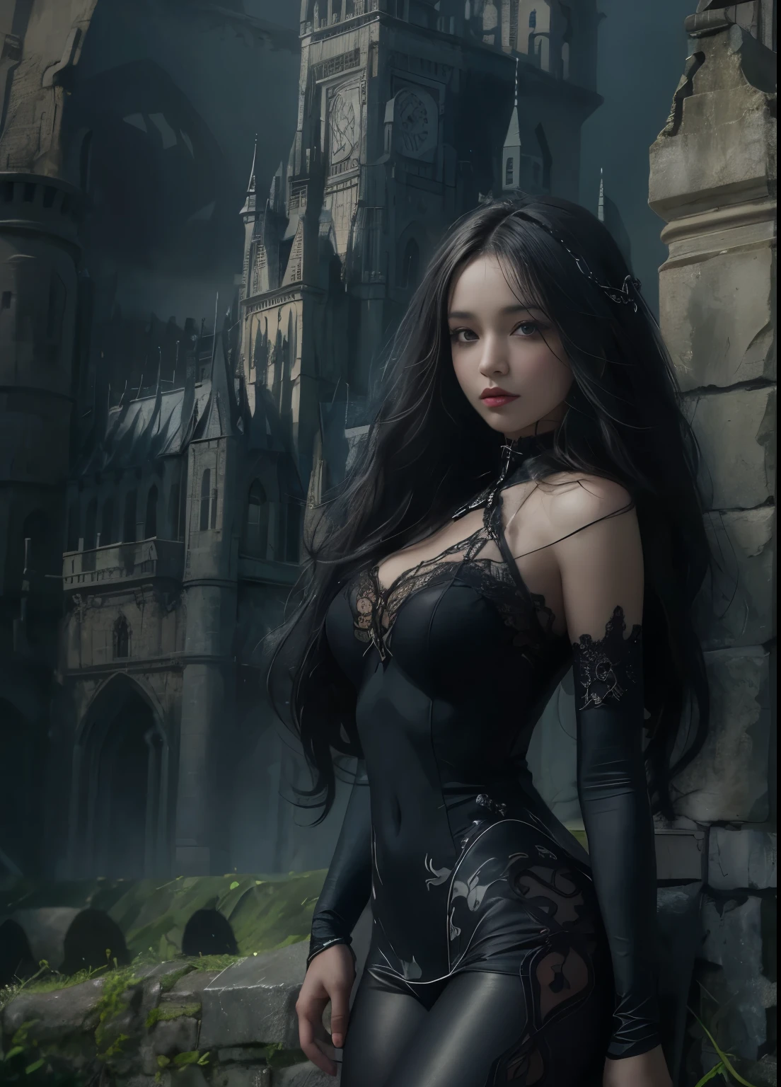 The most beautiful black girl in the world, long black hair, medium breasts, hips, form fitting clothing, pantyhose, dark castle background, gothic theme, gothic clothing