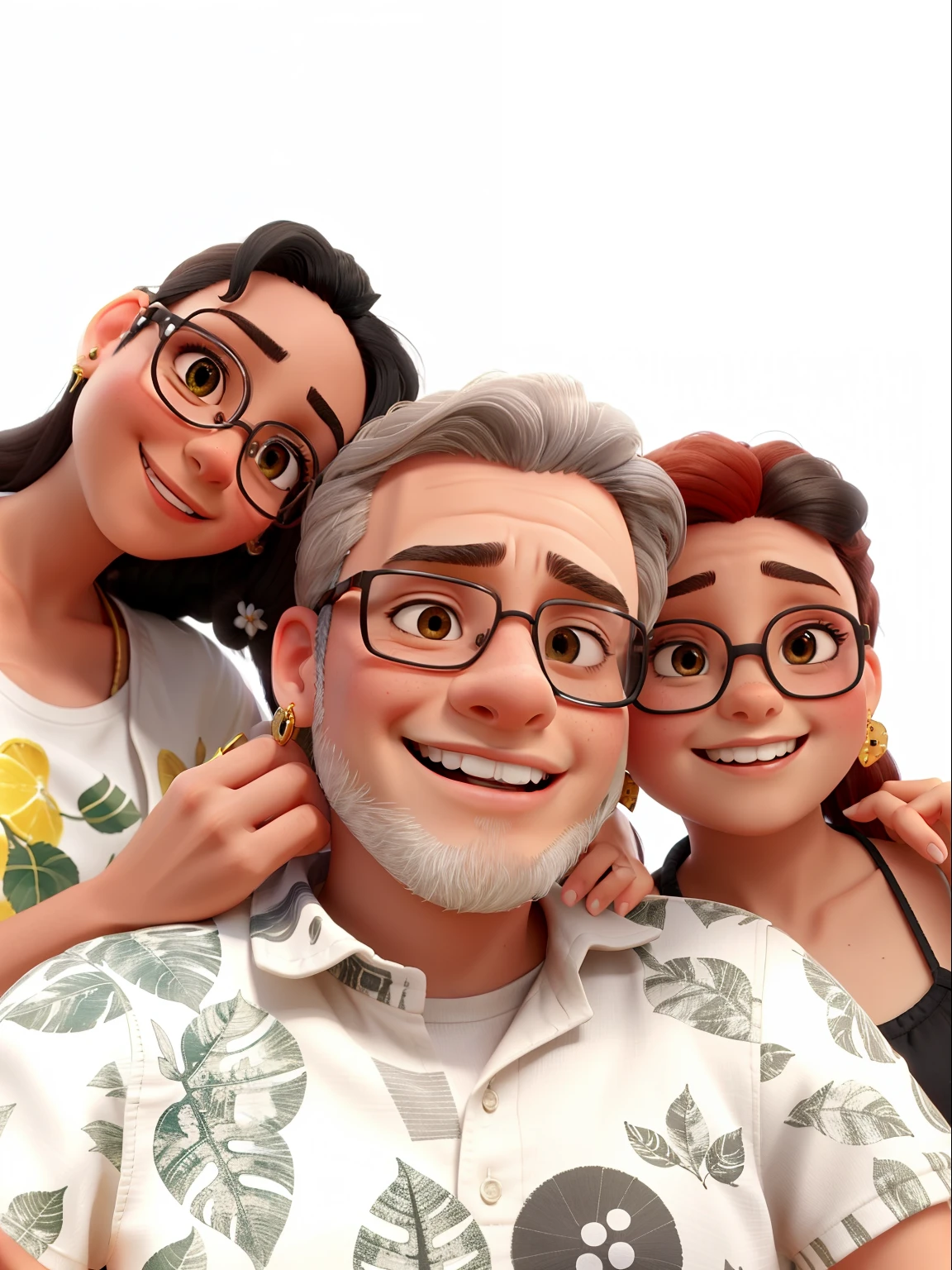 The image shows three people from the same family, next to each other, with happy and smiling faces. One person in the center has gray hair and wears a shirt with prints of leaves and skulls. The person on the left has black skin, deep black hair, wears glasses, and is dressed with lemon fruit prints, and the person on the right has visible short red hair, and wears gold earrings