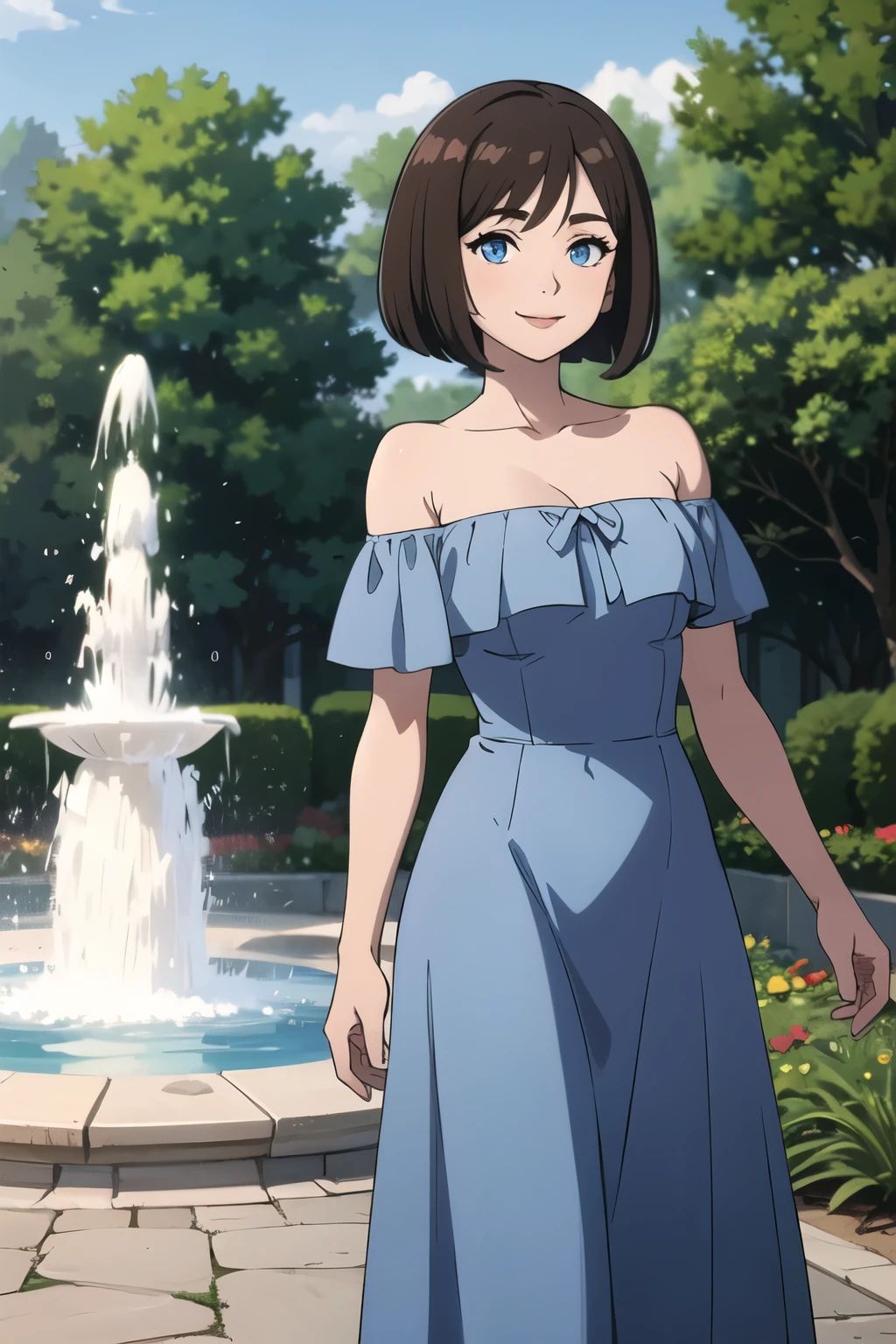 Bianca, brown hair, bob cut, medium hair, blue eyes, soft skin, smile, Light Blue Dress, Strapless Light Blue Dress, Ruffle Off-the-Shoulder Top, Off-the-Shoulder Dress, Long Skirt, anime, masterpiece, best illustration, 2d, very high resolution, standing near a fountain, 1 girl, garden background, close up.