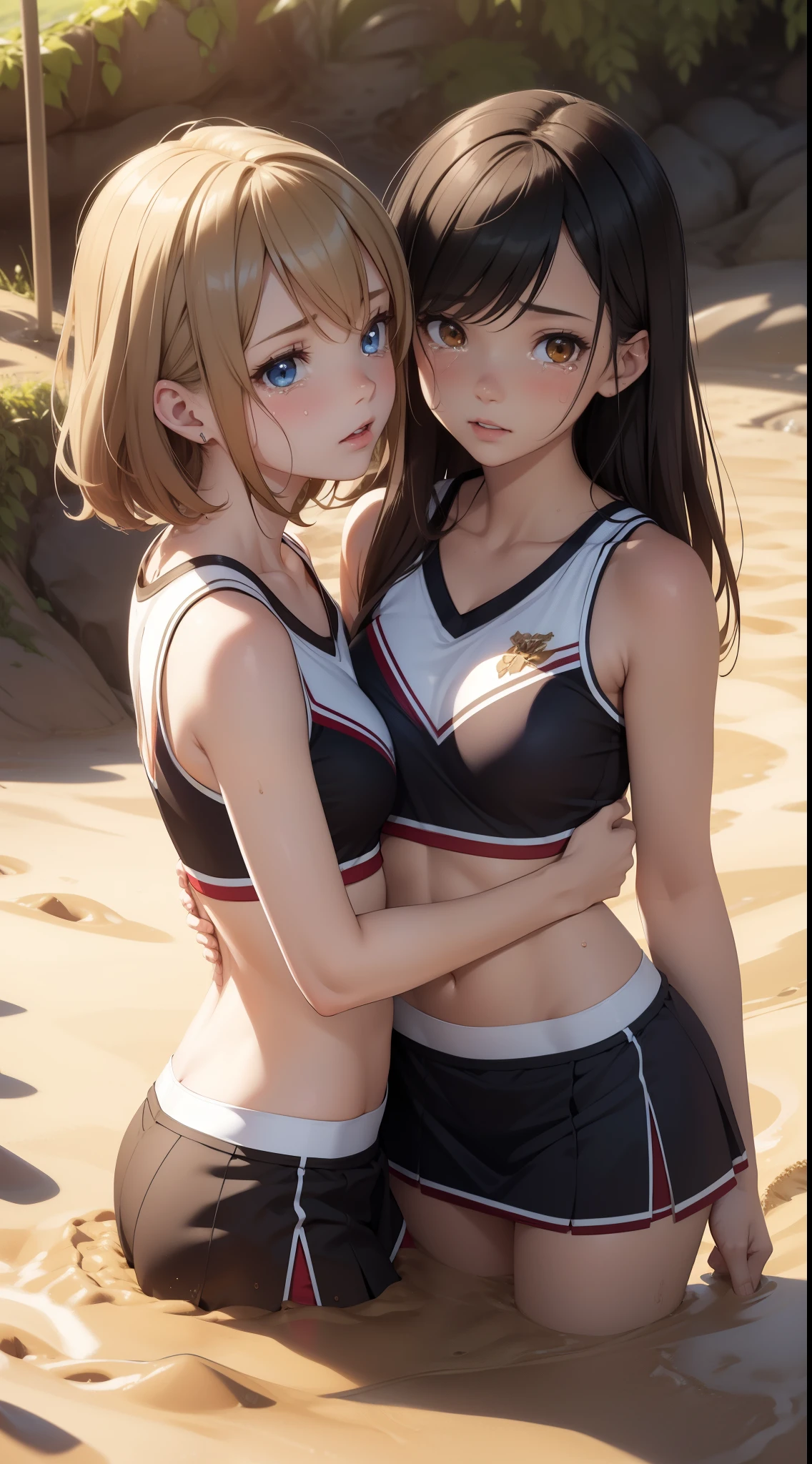 2girls, multiple girls, natural lighting, masterpiece, highly detailed, illustration, game CG, absurdres, high quality, hug, glossy lips, looking at viewer, cheerleader, midriff, (crying:1.2), (quicksand:1.4)