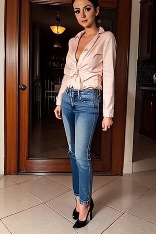 1 tall thin  woman masturbates, Unbuttoned jeans, high heels, show heels