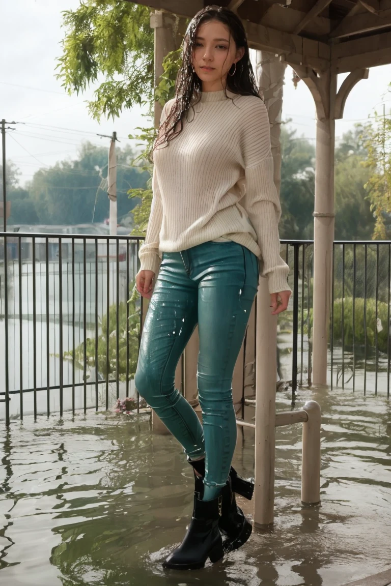 (Masterpiece:1.2, Best quality), 1lady, Solo, Upper body, Big tits, Dark wash skinny jeans, Oversized sweater, Ankle boots, Loose waves, center part,  hoop earrings, Green parks, SoakingWetClothes, soaking wet, wet hair, (wet clothing:1.4)