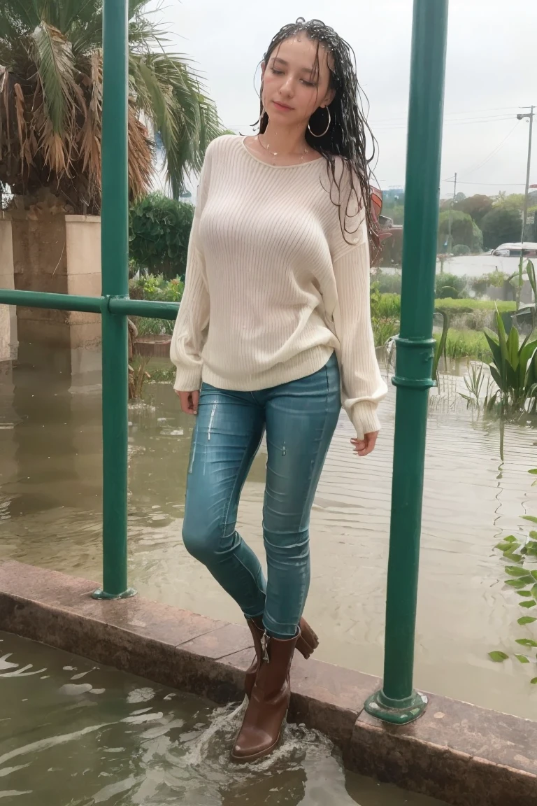 (Masterpiece:1.2, Best quality), 1lady, Solo, Upper body, Big tits, Dark wash skinny jeans, Oversized sweater, Ankle boots, Loose waves, center part,  hoop earrings, Green parks, SoakingWetClothes, soaking wet, wet hair, (wet clothing:1.4)