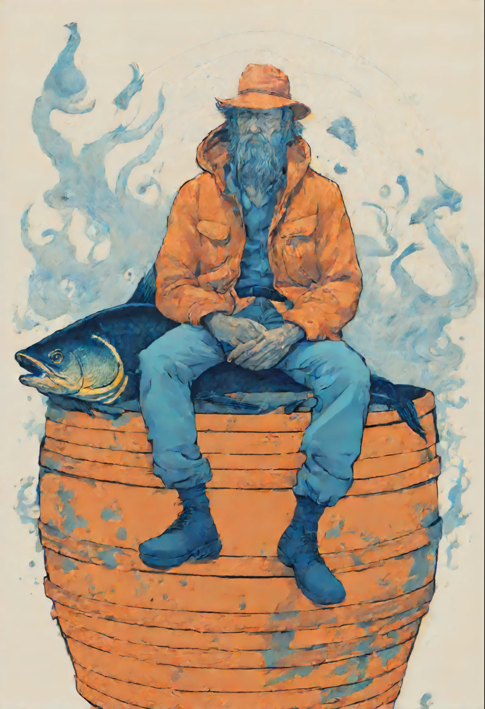 A man sits on a bucket holding fish., screen print, by james jean, Behanz, Mixed animals, Greg Beeple, Female snake hybrid, blue and orange, Jean-Sebastian Rossbach, fisherman, Cathe Butcher, Oil Punk,