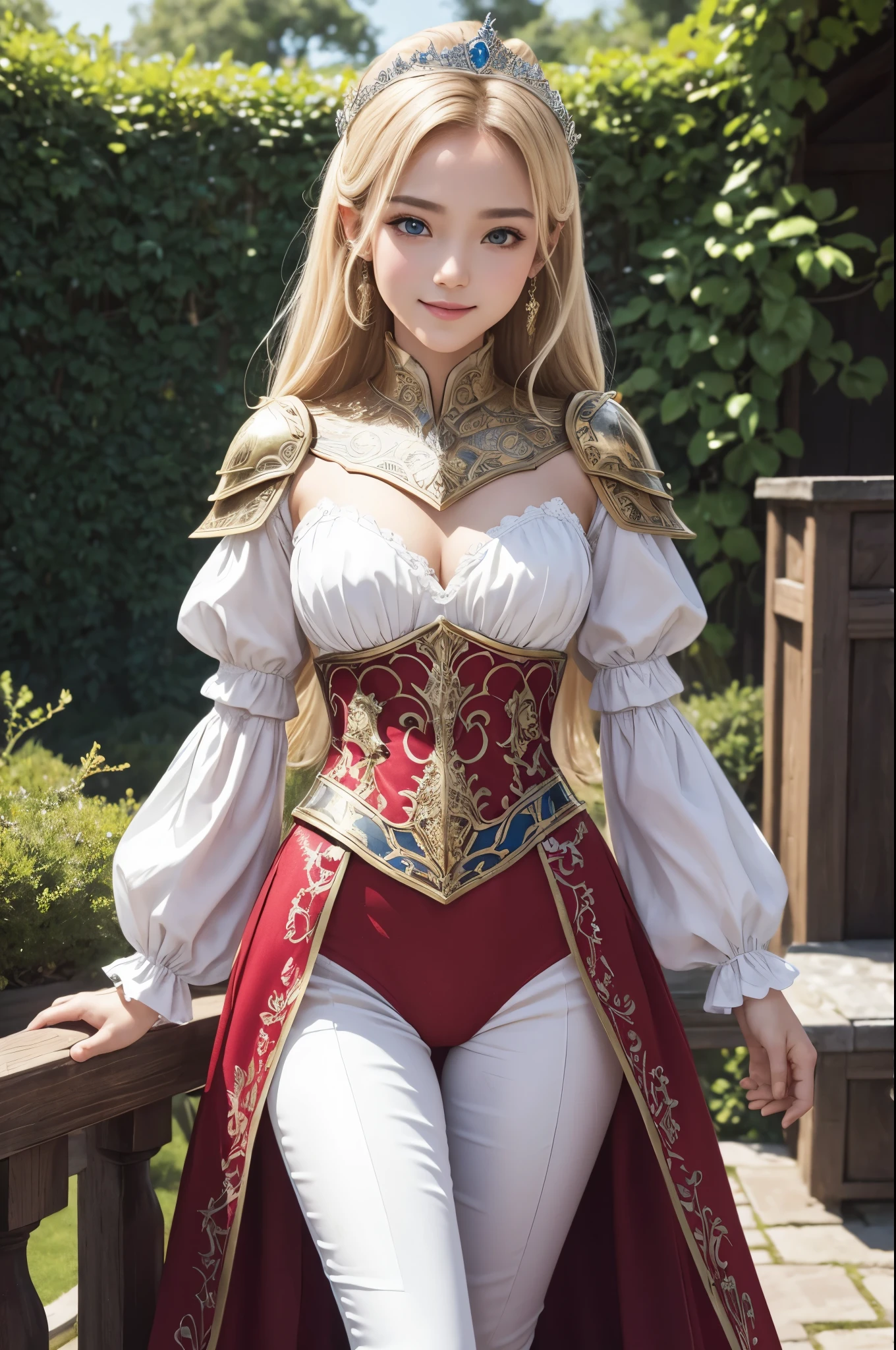 8K,(dark shot:1.1)The whole body of the princess,sexy princess armor(absurderes、hight resolution、ultra-detailliert)、One woman's whole body、Super beauty(Like the real thing),red and white princess chest armor、red and white pants and leg armor、maior、Princess in gorgeous armor、Blonde short bob、skinny giant、blue eyess、long-sleeve、fine eyes and detailed face、intricate detailesREAKモザイクアート、small pieces、colorful tesserae、Complex pattern、tiled designs、durable surfaces、Old fashioned technique BREAK macro photography、extreme close - up、intricate detailes、Enlarged texture、stunning clarity、Hidden beauty、Interruption of immersive perspective、artisanal creations、Handmade Products、unique designs、intricate detailes、Creative expression、skilled craftsmanship、English Garden、A smile、Armor Details,超hight resolution,A hyper-realistic,Women who did,real looking skin,