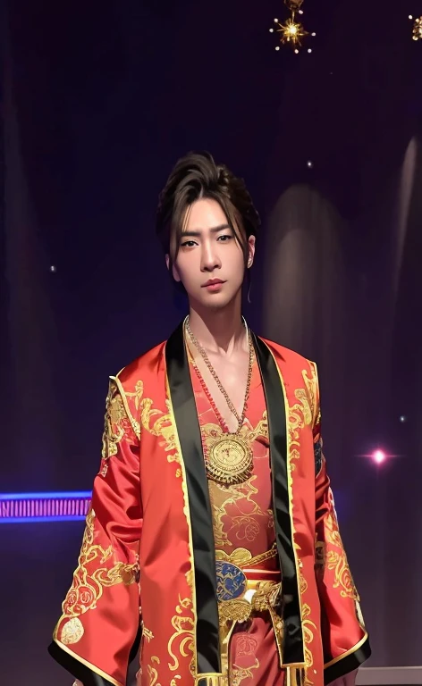 arafed male in a red robe and necklace standing in front of a stage, ((wearing aristocrat robe)), royal attire akira, lunar themed attire, zhongli from genshin impact, highly detailed kimono, wearing cultist red robe, loong, male character, wearing royal kimono, as a character in tekken, keqing from genshin impact