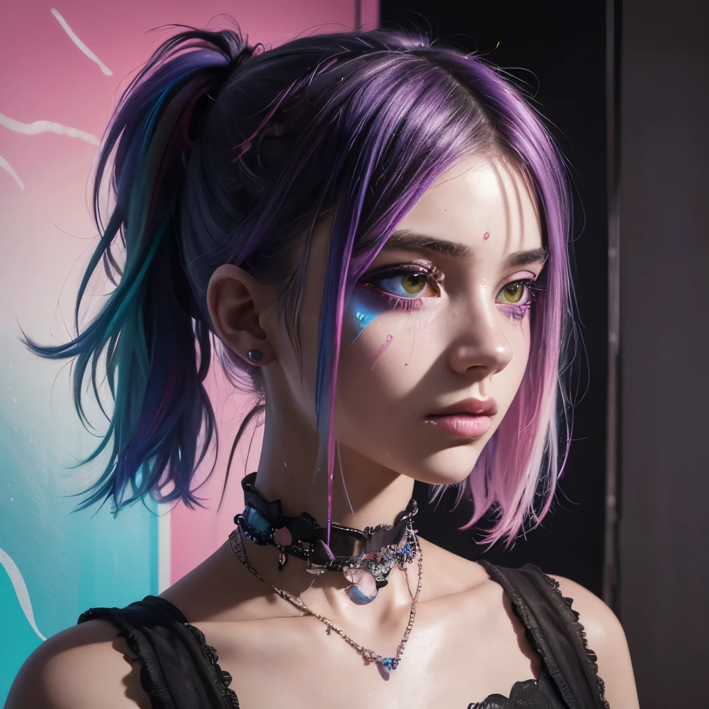 1girl, isometric, shukezouma, octane render, hdr, (hyperdetailed:1.15), (soft light, sharp:1.2), aesthetic, (Serbian | |Slavic ) 20 years old woman, (detailed facial features), gorgeous face, grunge style, standing in her messy bedroom, pale skin, wearing eyeliner, grainy, pastel goth, scene hair, (emo girl), teased hair, wearing bracelets, wearing choker necklace, ((detailed face)), selfie, rainbow painting drops, paint teardrops, girl made up from paint, entirely paint, splat, splash, paint bulb, paint drops, broad light, backlighting, bloom, light sparkles, chromatic aberration, (bubblegum Vaporwave aesthetic)