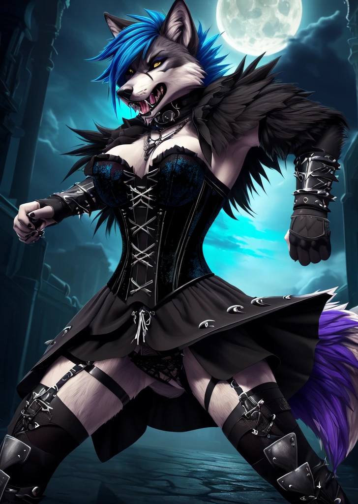 ((best quality, masterpiece, 4k, 8k, high res)), ((Solo)), ((vicious, violent, attacking, fighting)), ((furry; Anthro Wolf)), moist, blue hair, attacking, ferocious, fangs, full body, female werewolf, sexy, vibrant colors, (edgy punk hairstyle), knight armor, well-toned abs, Victorian dress, goth corset