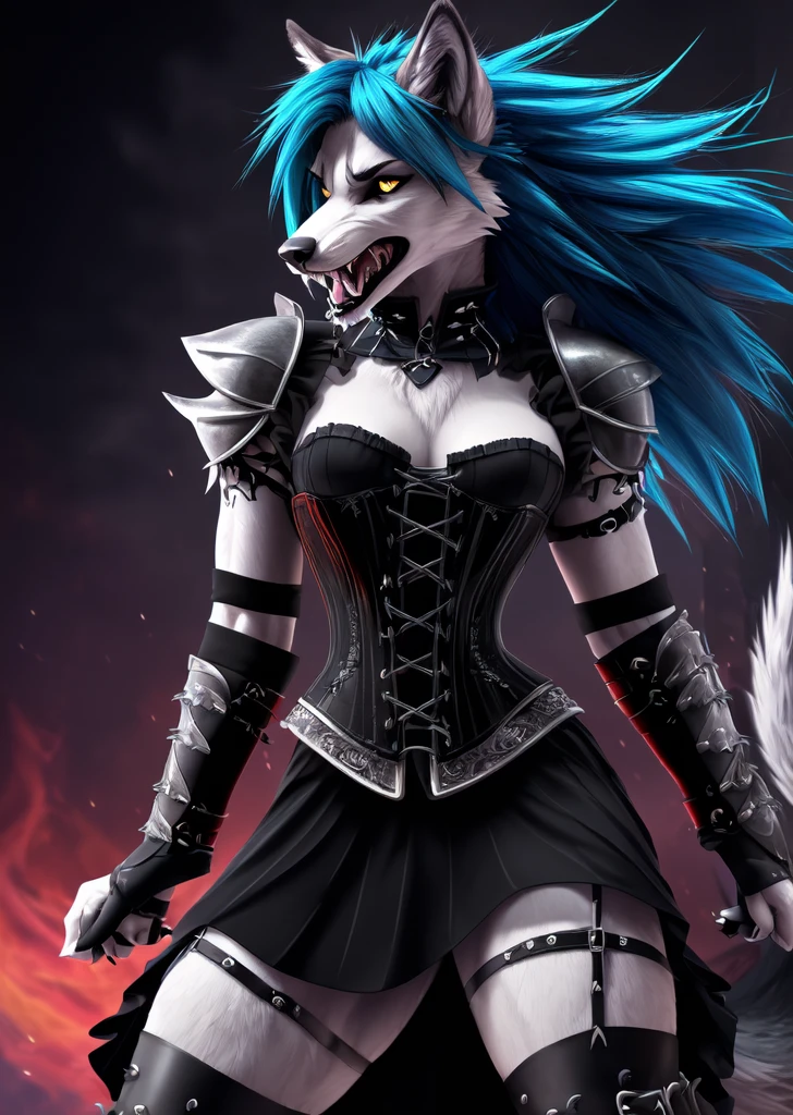 ((best quality, masterpiece, 4k, 8k, high res)), ((Solo)), ((vicious, violent, attacking, fighting)), ((furry; Anthro Wolf)), moist, blue hair, attacking, ferocious, fangs, full body, female werewolf, sexy, vibrant colors, (edgy punk hairstyle), knight armor, well-toned abs, Victorian dress, goth corset