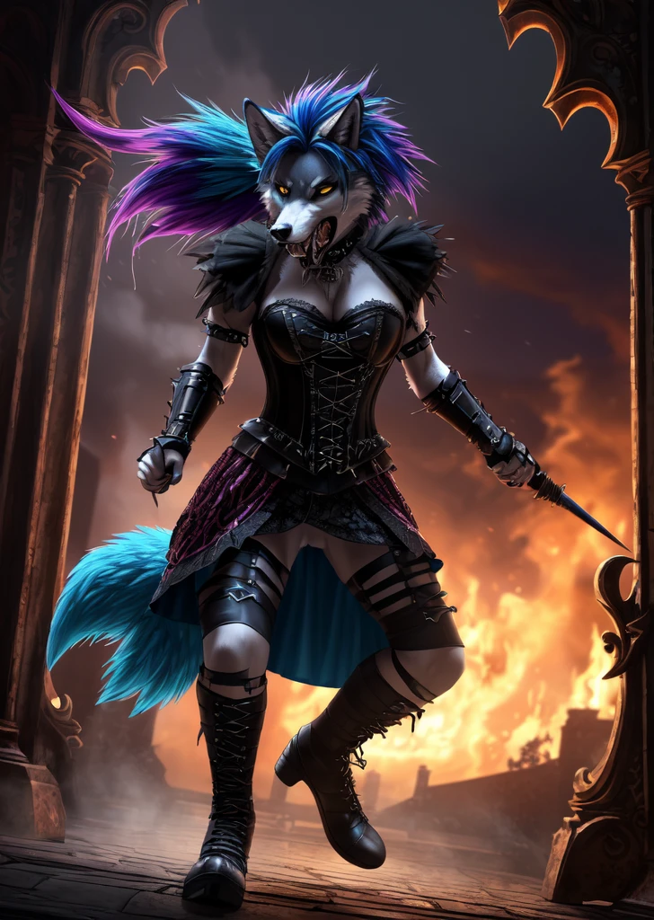 ((best quality, masterpiece, 4k, 8k, high res)), ((Solo)), ((vicious, violent, attacking, fighting)), ((furry; Anthro Wolf)), moist, blue hair, attacking, ferocious, fangs, full body, female werewolf, sexy, vibrant colors, (edgy punk hairstyle), knight armor, well-toned abs, Victorian dress, goth corset