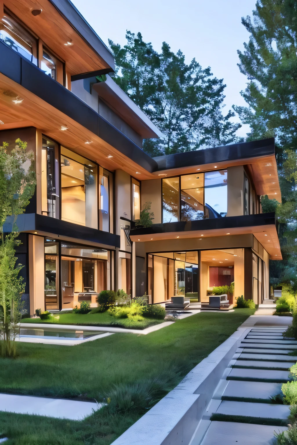 modern wood and glass villa, in pacific northwest, lush outdoor garden, lush overhanging planters, flagstone walkway, water feature, best quality, 4k, extremely detailed