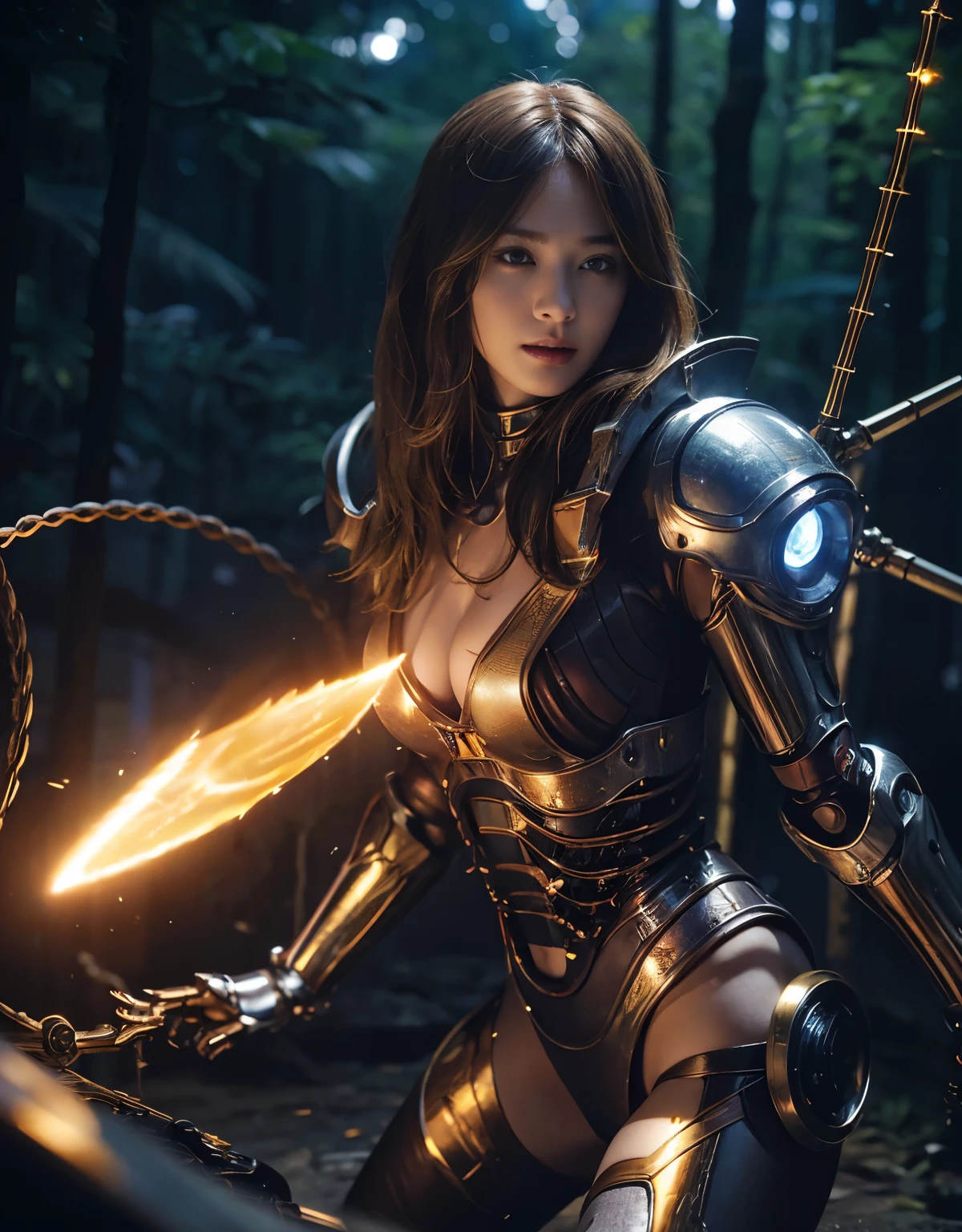 ((Fighting Demonic Beasts))、top-quality、masterpiece、超A high resolution、(Photorealsitic:1.4)、Raw photo、1人、Golden hair、glowy skin、(((1 Mechanical Girl)))、With a beautiful knife、(Blue Metal Bodysuit)、(beautiful forest background)、(Fighting Demonic Beasts)、(Small LED)、((super realistic details))、vertical giant monster background),globalillumination、Shadow、octan render、8K、ultrasharp、Colossal tits、Raw skin is exposed in cleavage、metals、Details of complex ornaments、Japan details、highly intricate detail、Realistic light、CGSoation Trends、Red Eyes、Eyes shining towards the camera、neon details、(Mechanical edge blood vessels connected to tubes)、Mechanical vertebrae attached to the back、mechanical cervical attaching to neck、(Wires and cables connecting to the head)、Gundam、Small LED、,Mechanical thighs、Toostock、(Hands are also made of machines)、(Attack of the Monster Beasts)、(Wounded in a deadly battle)、