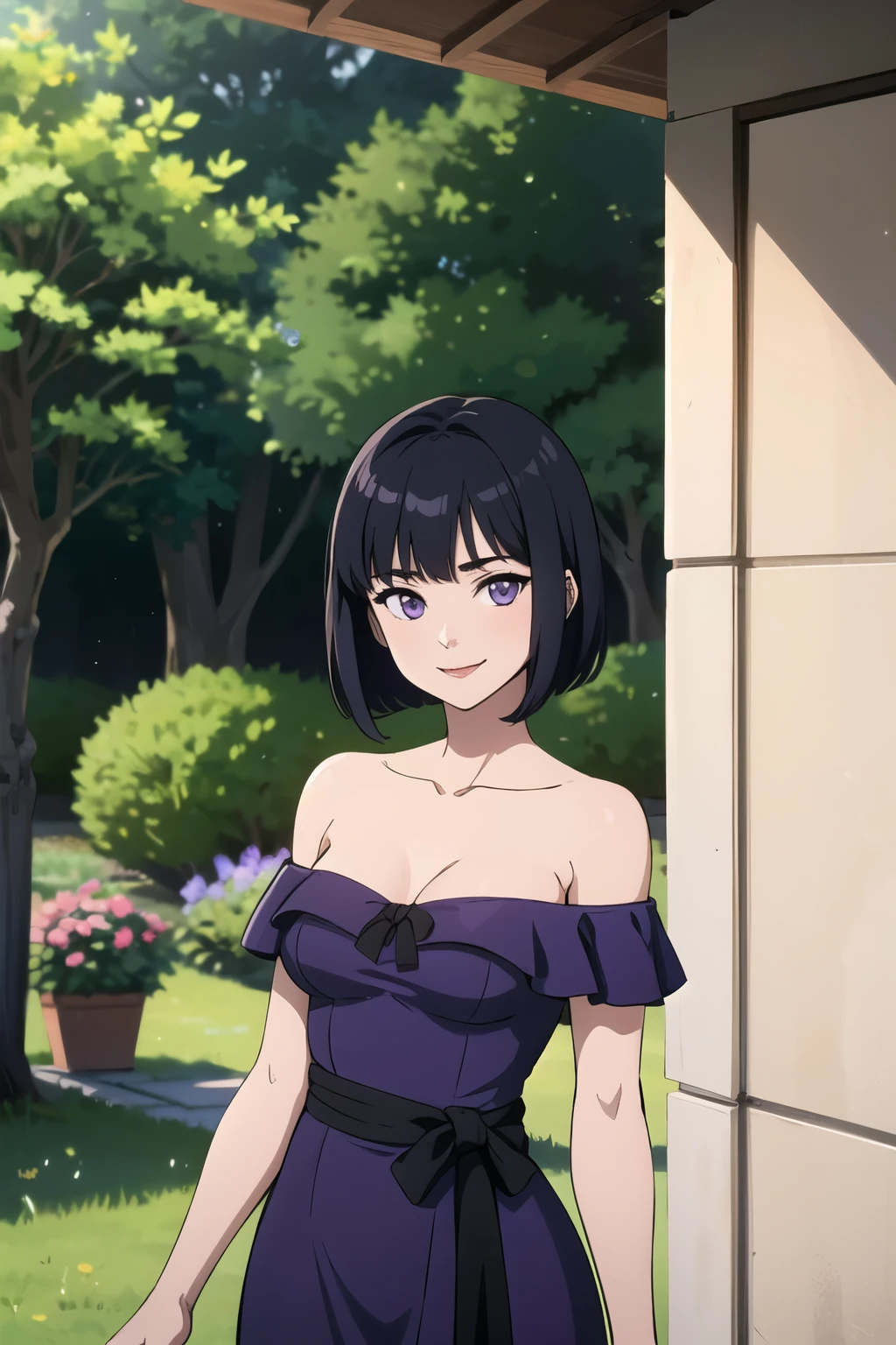 Best quality, masterpiece, r, Hotaru Tomoe, Short Hair, Black Hair, Bob Hair, Bob Haircut, Purple Eyes, Smile, Bare Neck, Bare Arms, Bare Shoulders, Purple Dress, Strapless Purple Dress, Sleeveless Off-shoulder top, Ruffle Off-the-Shoulder Top, Maxi Dress, Outside the Mansion, Looking at You, daytime, garden background, standing up