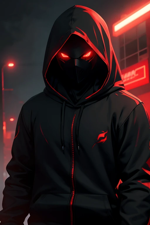best quality,ultra-detailed,red glowing eyes,masked,realistic,hoodie,cinematic lighting,anime style,gloomy atmosphere,dual kerambit,sharp focus,action-packed,night scene,vivid colors