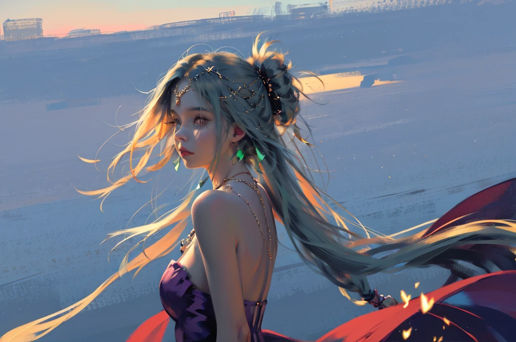 oilpainting style, pastel dress,super long hair, head chain, rim light, back light, sunset, pastel color, 1girl, solo, long hair, looking at viewer, jewelry, shinny eyes, upper body, earrings, sky, necklace, arm up, from side, strapless, blue background, wind, pastel colors, ombre hair