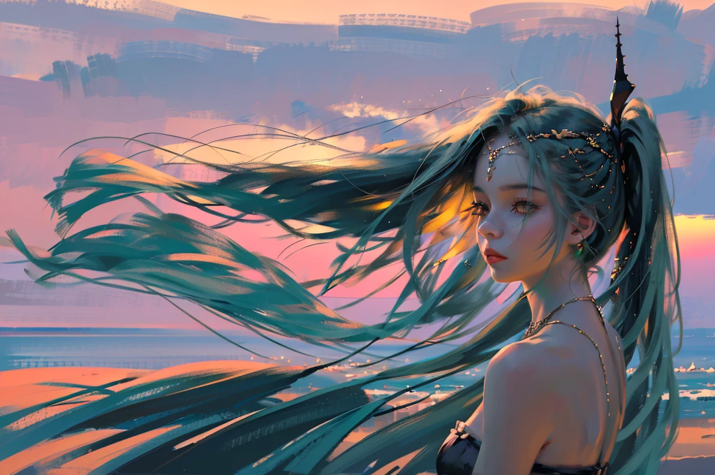oilpainting style, pastel dress,super long hair, head chain, rim light, back light, sunset, pastel color, 1girl, solo, long hair, looking at viewer, jewelry, shinny eyes, upper body, earrings, sky, necklace, arm up, from side, strapless, blue background, wind, pastel colors, ombre hair