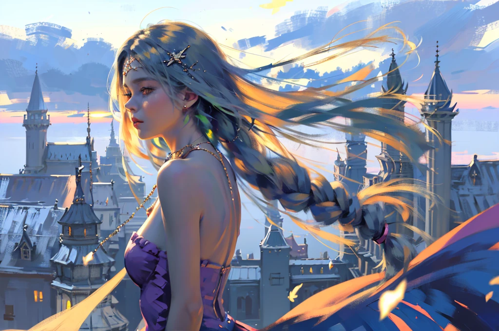 oilpainting style, pastel dress,super long hair, head chain, rim light, back light, sunset, pastel color, 1girl, solo, long hair, looking at viewer, jewelry, shinny eyes, upper body, earrings, sky, necklace, arm up, from side, strapless, blue background, wind, pastel colors, ombre hair