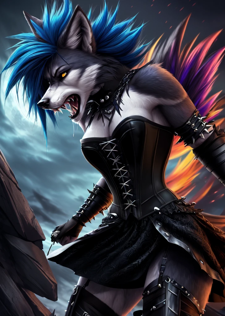 ((best quality, masterpiece, 4k, 8k, high res)), ((Solo)), ((vicious, extremely violent, attacking, fighting)), ((furry; Anthro Wolf)), moist, blue hair, attacking, ferocious, fangs, full body, female werewolf, sexy, vibrant colors, (edgy punk hairstyle), knight armor, well-toned abs, Victorian dress, goth corset