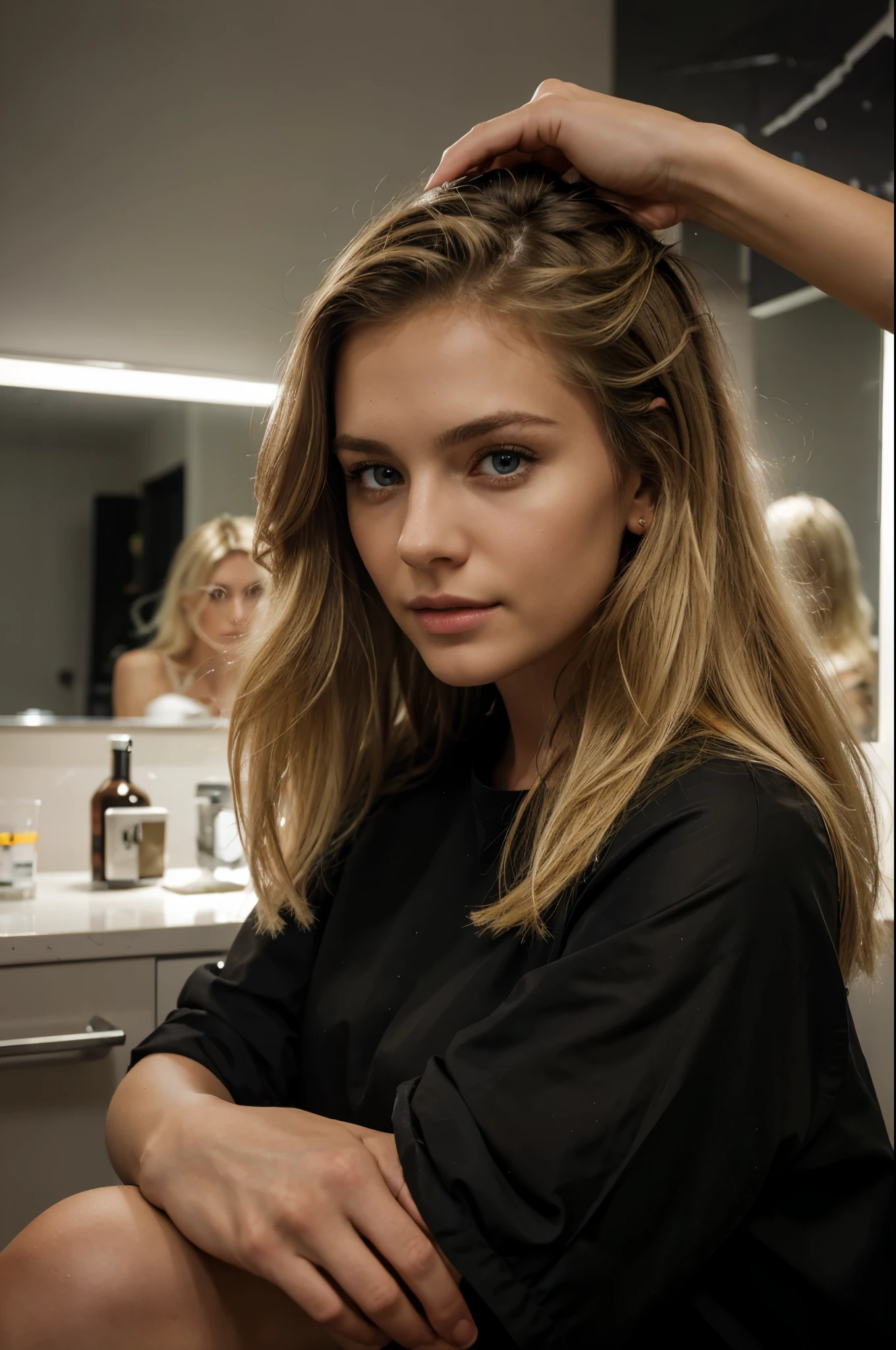 hairdresser is cutting my hair, sitting by the hairdresser, evening, dark lights, best quality, Meisterwerk, Realistisches Foto, Komplizierte Details, RAW-Foto, Ultra-detailliert, blondes haar, cute face, Körpchengröße B, blondes Haar, perfekte und blaue Augen, HD quality, 8K, young woman, 20 Jahre alt