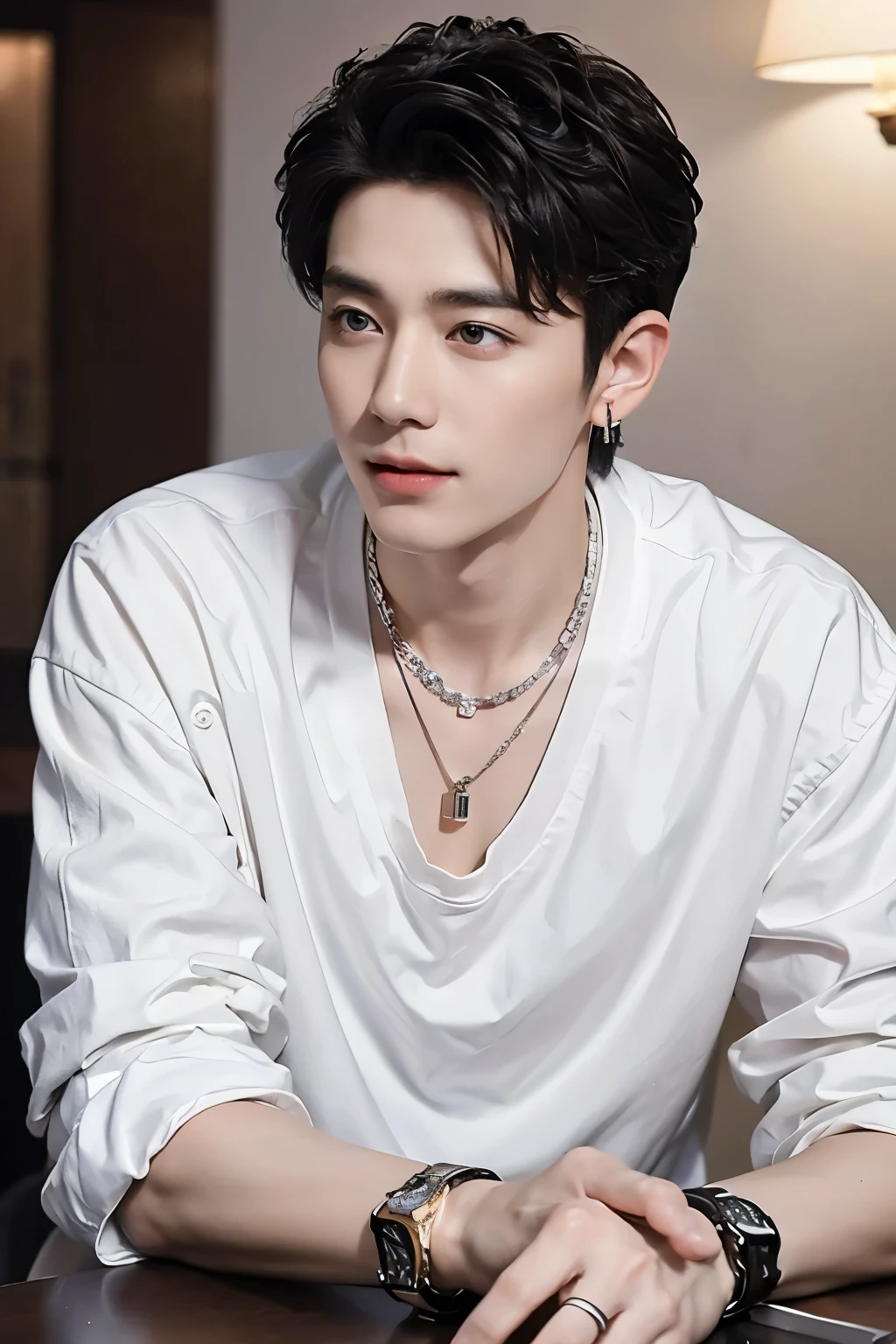 ((Best Quality, 8K, masterpiece: 1.3))、Cool Korean man, １20 year old man、Korean style long hair、Sturdy face、Handsome nose、Detailed eyes and face、Beautiful lighting、(studio)、High Resolution、 （visible to the audience）、mouth details、Thin Mouth、,Sorrisos、whole body: 1.5, perfect body figure: 1.picture of both shoulders:1.3, Wearing a White T-shirt and a casual Black coat:1.5, Accessories : (men's earrings, necklaces, men's rings, men's watches)