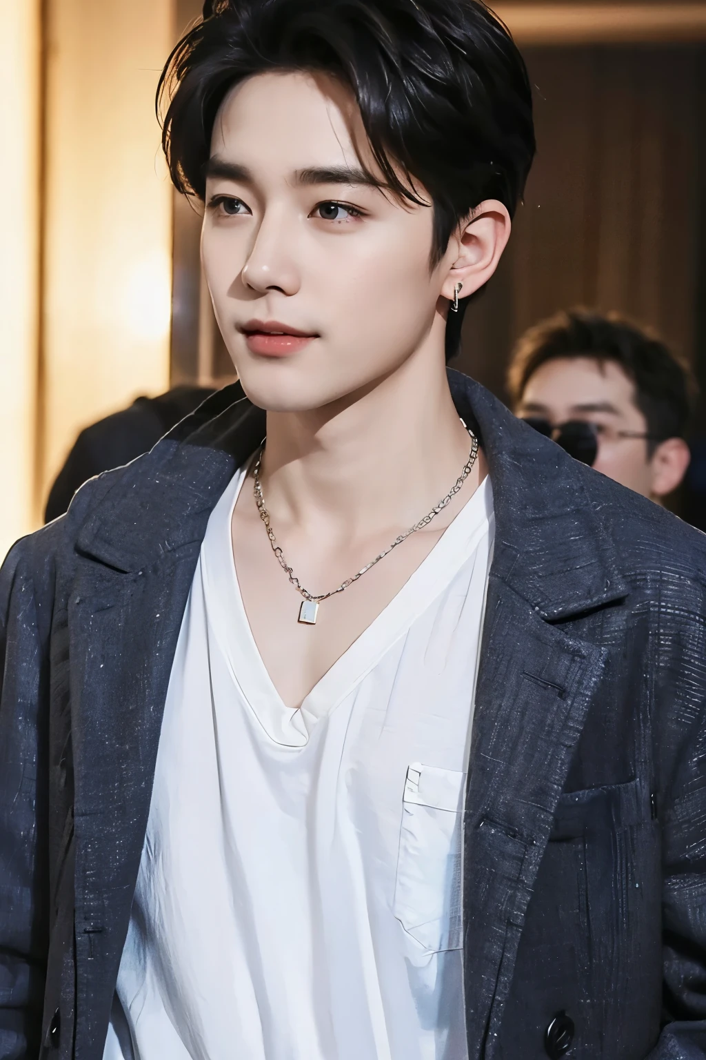 ((Best Quality, 8K, masterpiece: 1.3))、Cool Korean man, １20 year old man、Korean style long hair、Sturdy face、Handsome nose、Detailed eyes and face、Beautiful lighting、(studio)、High Resolution、 （visible to the audience）、mouth details、Thin Mouth、,Sorrisos、whole body: 1.5, perfect body figure: 1.picture of both shoulders:1.3, Wearing a White T-shirt and a casual Black coat:1.5, Accessories : (men's earrings, necklaces, men's rings, men's watches)