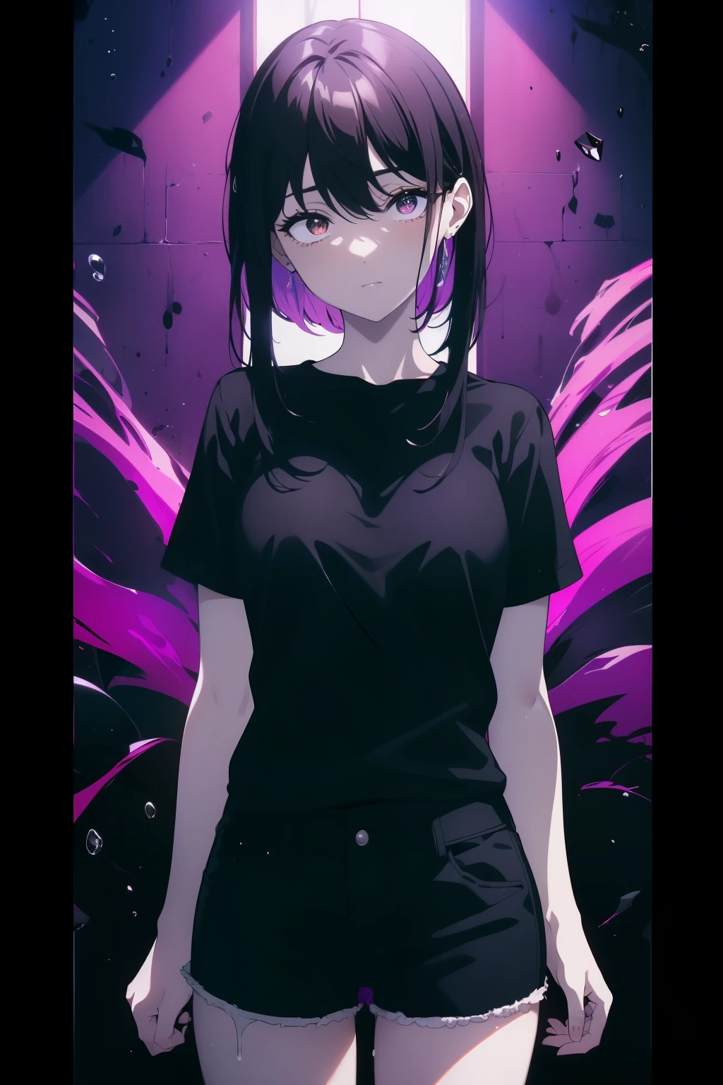 ((Obra maestra, La mejor calidad, ultrahigh resolution)), 1girl, happy, ((standing in a club waiting for someone)), ((black t-shirt, jean shortlack hair, dark black hair over eye)), long hair cut, pale skin, ((brown eyes)), (glowing_eyes), (ultra detailed eyes:0.7, beautiful and detailed face, detailed eyes:0.9), ((centered)), ((over joyed expression)), ((wide shot)), facing viewer, (((indoor part, purple and black lights, black dancing silhouettes:0.9, rave:1))), medium breasts, looking at viewer, ((perfect hands)), (((head:1, arms, hips in view, elbows, thighs, in view))), lively eyes, beautiful lighting, outside, outdoors, background, defined subject, 25 years old, (head tilt), (((cool))), ((lively)), (((splash))),