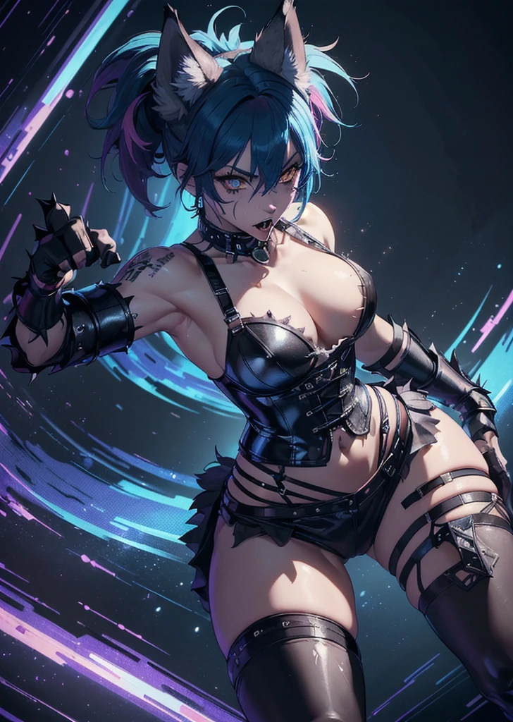 ((best quality, masterpiece, 4k, 8k, high res)), ((Solo)), ((vicious, extremely violent, attacking, fighting)), ((furry; Anthro Wolf)), moist, blue hair, attacking, ferocious, fangs, full body, female werewolf, sexy, vibrant colors, (edgy punk hairstyle), knight armor, well-toned abs, Victorian dress, goth corset