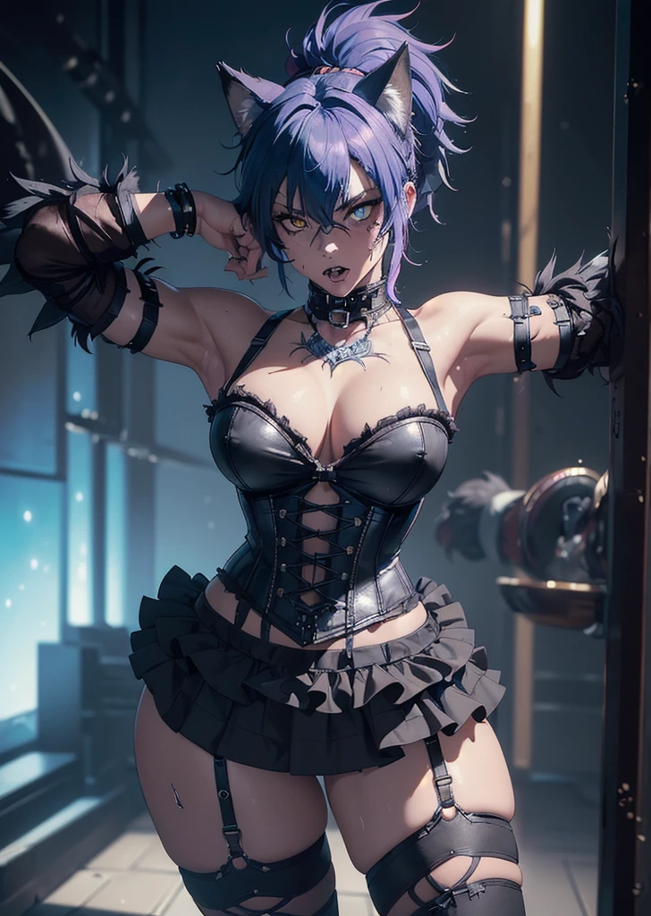 ((best quality, masterpiece, 4k, 8k, high res)), ((Solo)), ((vicious, extremely violent, attacking, fighting)), ((furry; Anthro Wolf)), moist, blue hair, attacking, ferocious, fangs, full body, female werewolf, sexy, vibrant colors, (edgy punk hairstyle), knight armor, well-toned abs, Victorian dress, goth corset