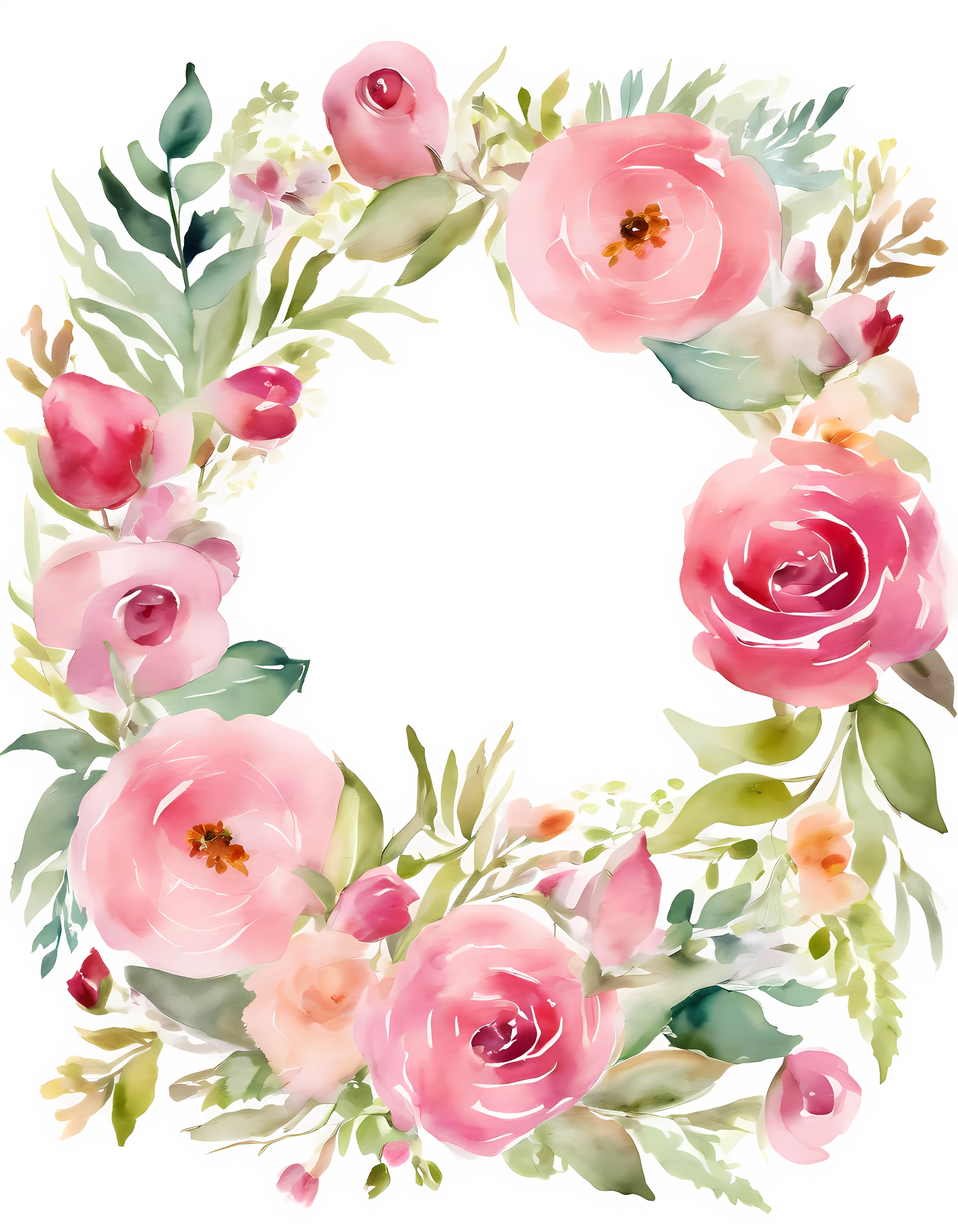 wreath, Floral frame, Delicate watercolor flowers in shades of pink and vibrant rose, Engaging illustrations.