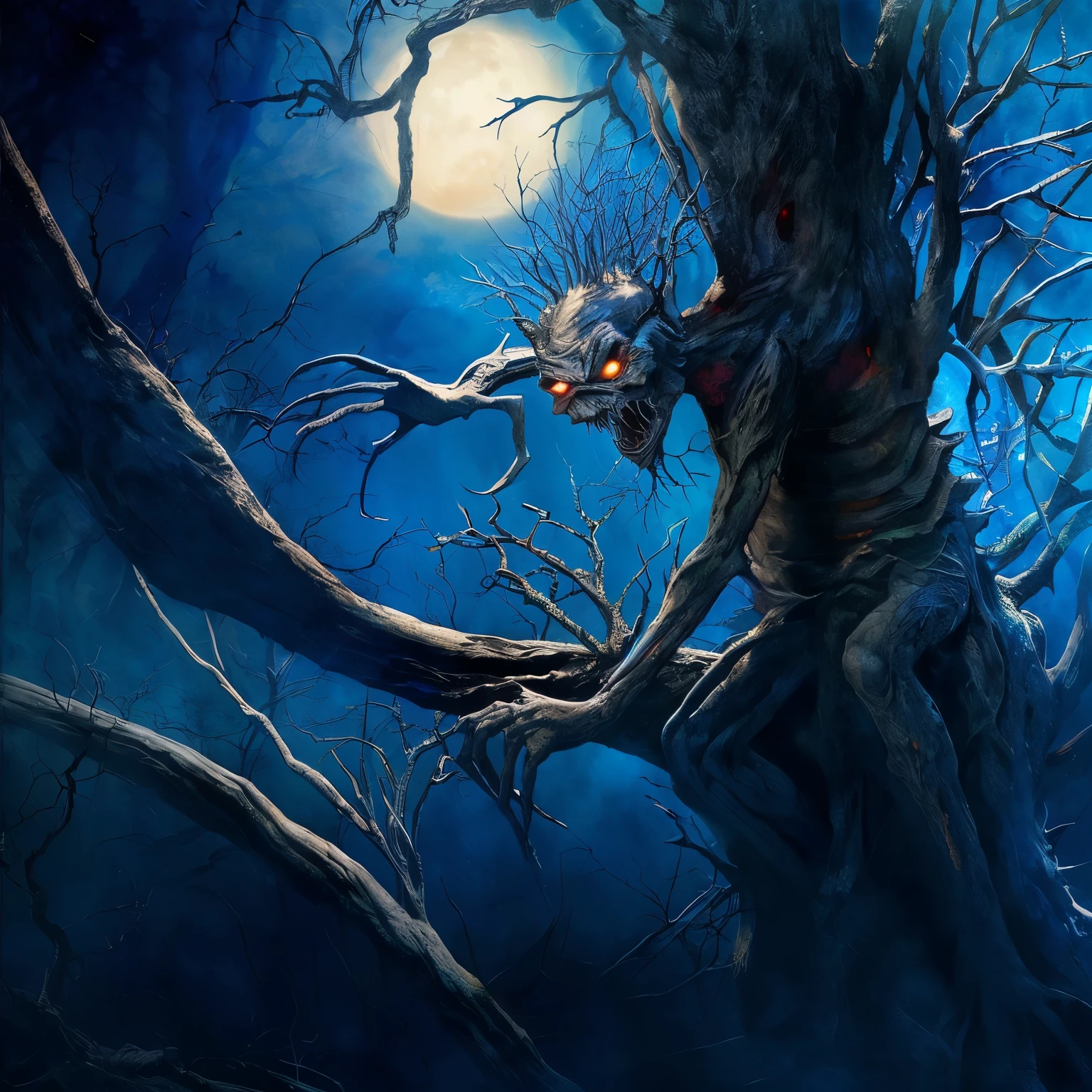 there is a scary tree with a full moon in the background, arte de fantasia de terror, arte de terror de fantasia, an ominous fantasy illustration, dark arte de terror de fantasia, nightmarish illustration, Pintura de John Howe, dark fantasy oil painting, arte de fantasia sombria, of an evil tree wizard, criatura sinistra escondendo detalhado, arte de terror elegante, inspirado em Michael Whelan