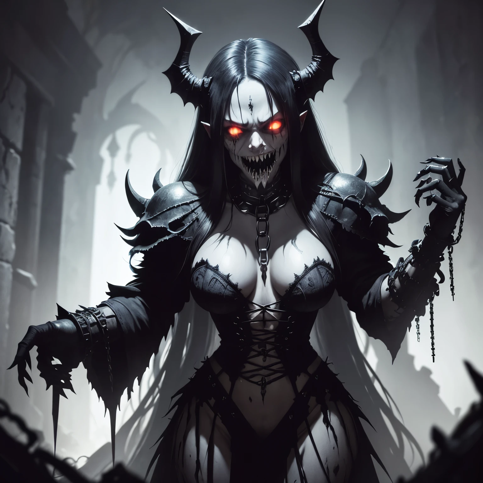 crie uma imagem que represente um ser verdadeiramente maligno, with demonic features, chained in a dark dungeon dungeon environment. Este ser, an aberration known as 'Manic Eye Behemoth', is a colossal entity with crazed eyes, full of sewn human arms, tentacles and bones that have sharp teeth and fangs protruding from the eyelids. The Behemoth is heavily chained in a decaying dungeon setting, displaying an expression of pure madness and insanity. Por favor, bring this dark image to life, highlighting macabre details and utilizing a color palette that evokes the terror and desolation of the dungeon environment.