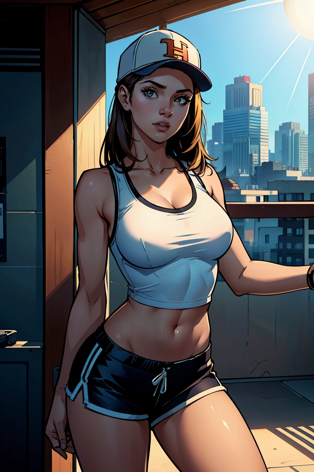 ((Realstic)) and ultra-detailed photography of a woman, sexy pose, shorts, tanktop, baseball hat, sunny, sunlight, daylight, daytime, woman is lit from the front, rim lighting, atmospheric lighting, woman is well lit, sexy, beautiful woman, glowing skin, cinematic lighting,