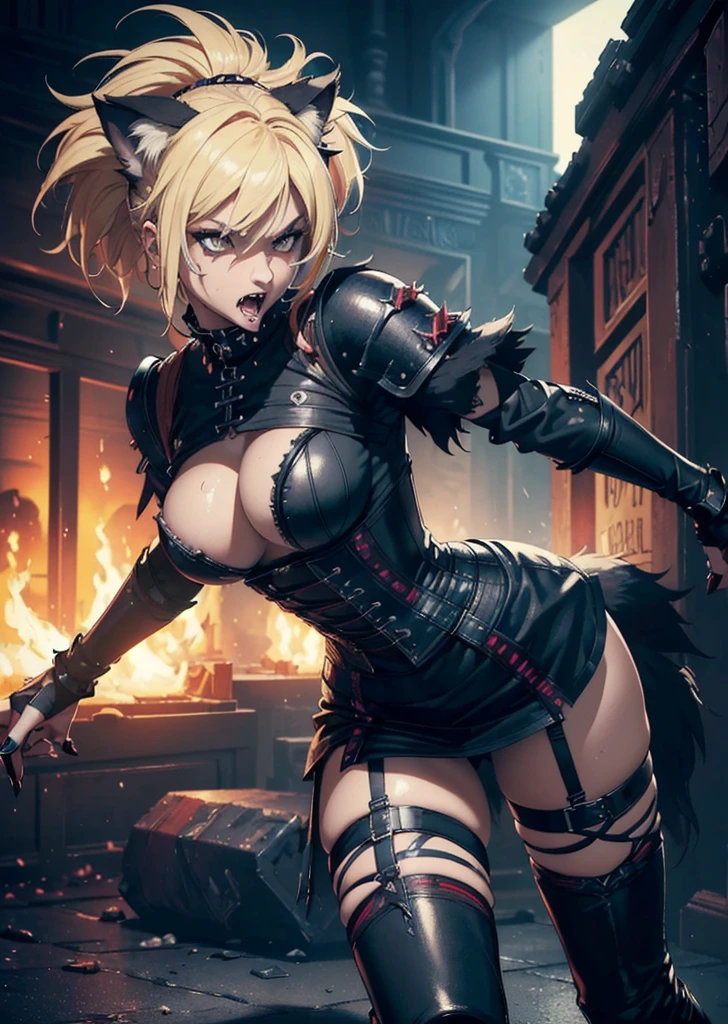 ((best quality, masterpiece, 4k, 8k, high res)), ((Solo)), ((vicious, extremely violent, attacking, fighting)), ((furry; Anthro Wolf)), moist, blonde, attacking, ferocious, fangs, full body, female werewolf, sexy, vibrant colors, (edgy punk hairstyle), knight armor, well-toned abs, Victorian dress, goth corset