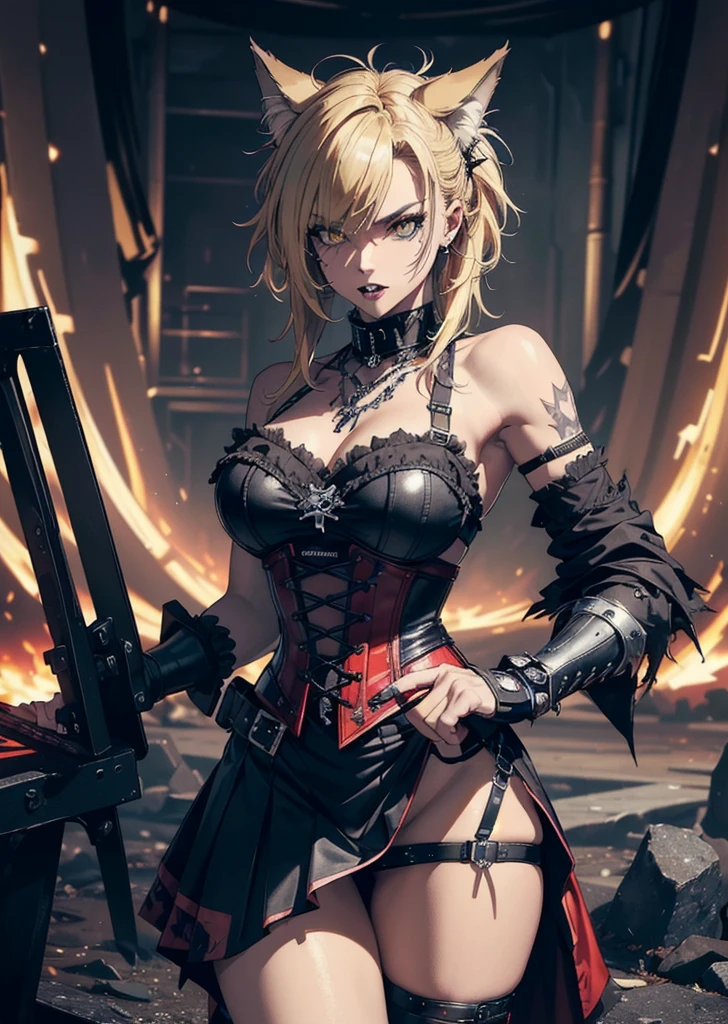 ((best quality, masterpiece, 4k, 8k, high res)), ((Solo)), ((vicious, extremely violent, attacking, fighting)), ((furry; Anthro Wolf)), moist, blonde, attacking, ferocious, fangs, full body, female werewolf, sexy, vibrant colors, (edgy punk hairstyle), knight armor, well-toned abs, Victorian dress, goth corset
