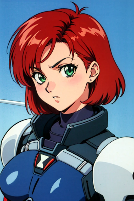 retro artstyle, 1990s (style), 1990s anime cels style, best quality, ultra-detailed, high resolution, 1girl, solo,Jane Shepard, FemShep, short hair, red hair, green eyes, black power armor, N7, full body portrait