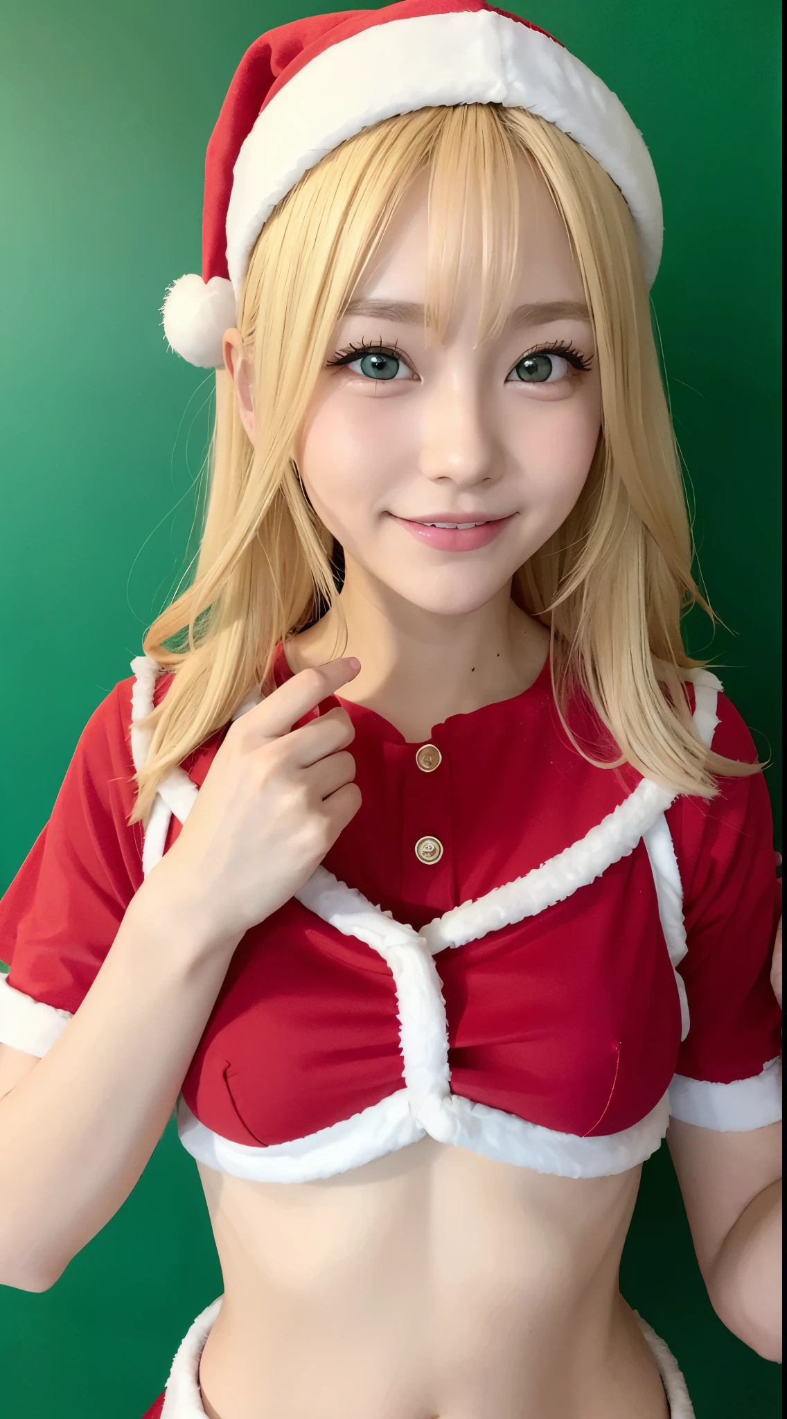 she is cosplaying santa claus、Blonde short、a smile、Green eyes、Christmas Background、