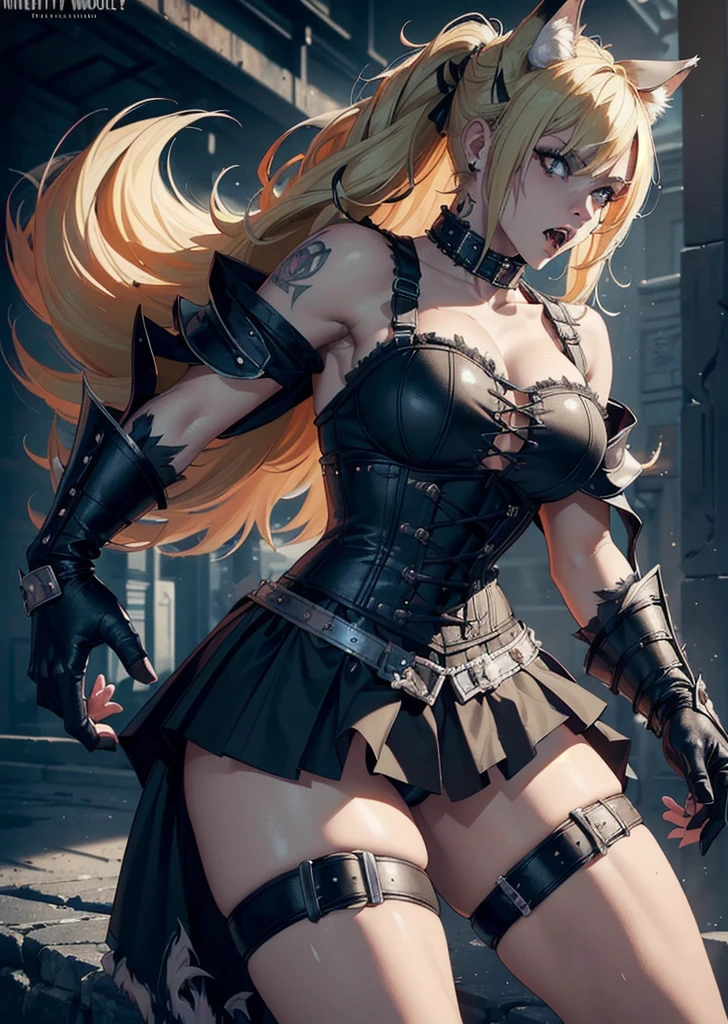 ((best quality, masterpiece, 4k, 8k, high res)), ((Solo)), ((vicious, extremely violent, attacking, fighting)), ((furry; Anthro Wolf)), moist, blonde, attacking, ferocious, fangs, full body, female werewolf, sexy, vibrant colors, (edgy punk hairstyle), knight armor, well-toned abs, Victorian dress, goth corset