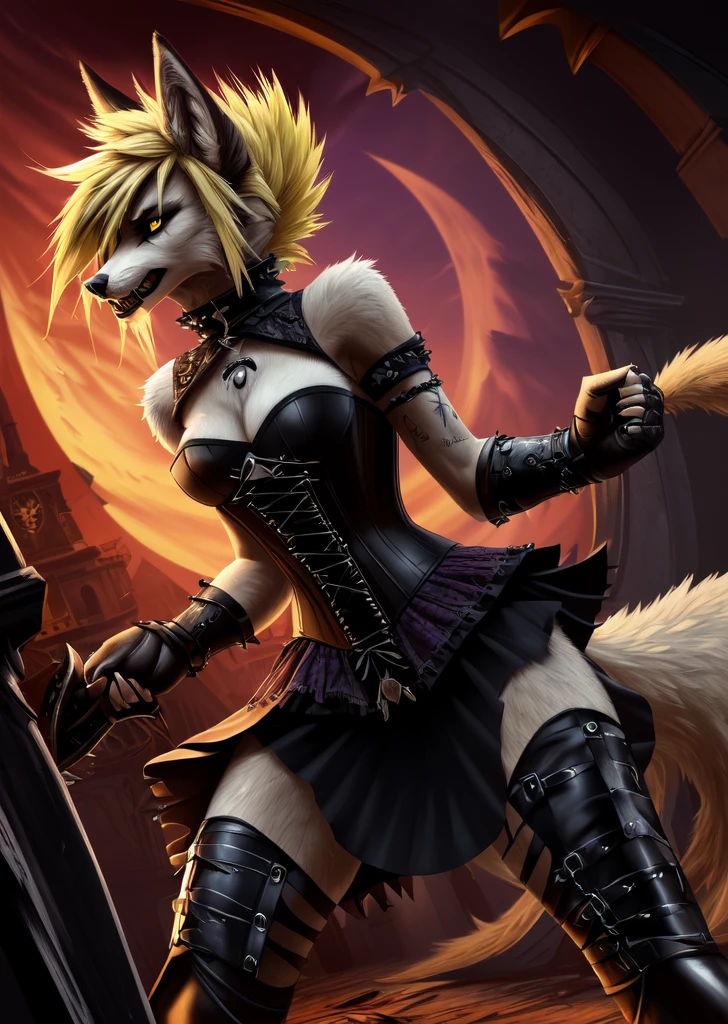 ((best quality, masterpiece, 4k, 8k, high res)), ((Solo)), ((vicious, extremely violent, attacking, fighting)), ((furry; Anthro Wolf)), moist, blonde, attacking, ferocious, fangs, full body, female werewolf, sexy, vibrant colors, (edgy punk hairstyle), knight armor, well-toned abs, Victorian dress, goth corset