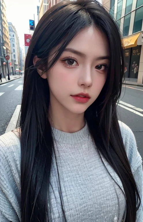 (Alix) person posing on the streets, best quality, masterpiece, ultra high res, (photorealistic:1.4), raw photo, 1girl, long black hair, ((wearing causal cloths)), ((small breast)), cold light, wind, ((portrait: 1.4)).