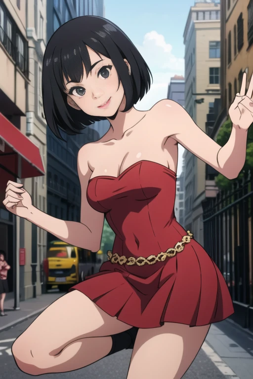 1 girl, , Black hair, Short black hair, Medium Hair, Bob Hair, Black eyes, Strapless, Flamenco Dresses, Flamenco dancer, Smile, the city street, Sexy, masutepiece, High quality.