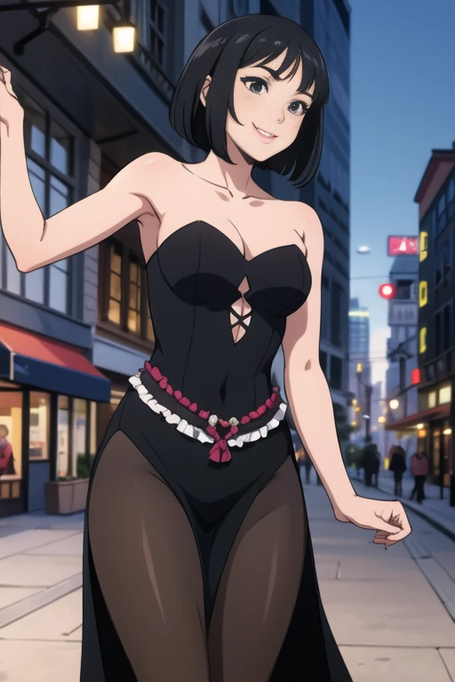 1 girl, age, Black hair, Short black hair, Medium Hair, Bob Hair, Black eyes, Strapless, Flamenco Dresses, Flamenco dancer, Smile, the city street, Sexy, masutepiece, High quality.
