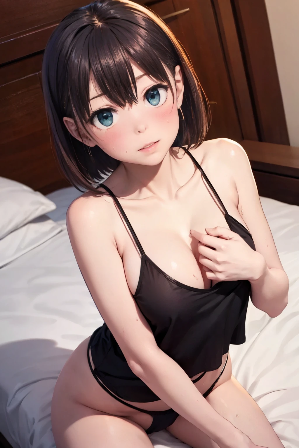 top-quality、lighting like a movie、Sister 1(Wearing black camisole and panties)、small tits、straddles a naked man on the bed、Cowgirl、embarrassed from、small tits、tiny chest、Twin-tailed、Slender Line、Photo from the front、full of sweat、red blush、