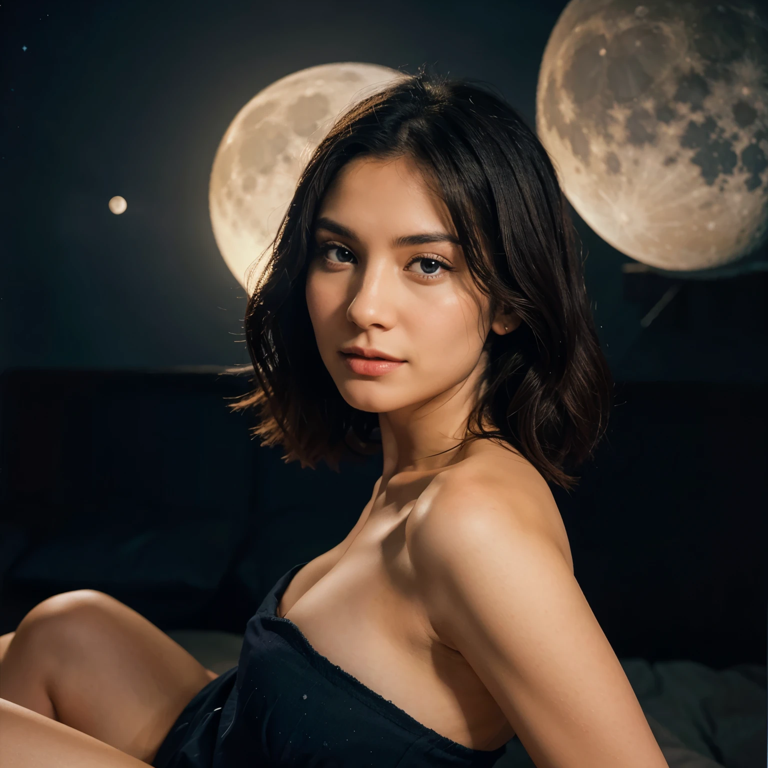1girl , S044_AshleyBulgari cute  woman, small breast, best quality, super realistic, Masterpiece, wavy hair Dutch angle , lying on a airbed inside a tent , looking at the viewer, dark at night, moon light, small floor lamp <lora:add_detail:1>
