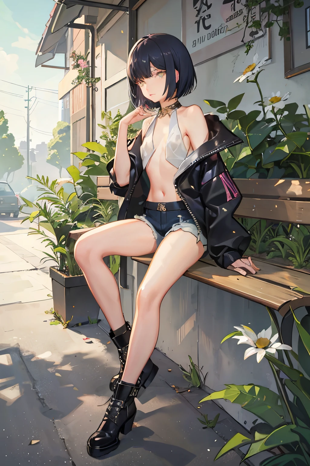 GameGirl , (black bob haircut) with pink streak highlights, 80's anime style, (flat chest), thighs, hips, small waist, park bench, biker shorts, cloudy day, weak wilted plants, cracks in sidewalk, butterflies and daisies, sunlight shining on character, ass