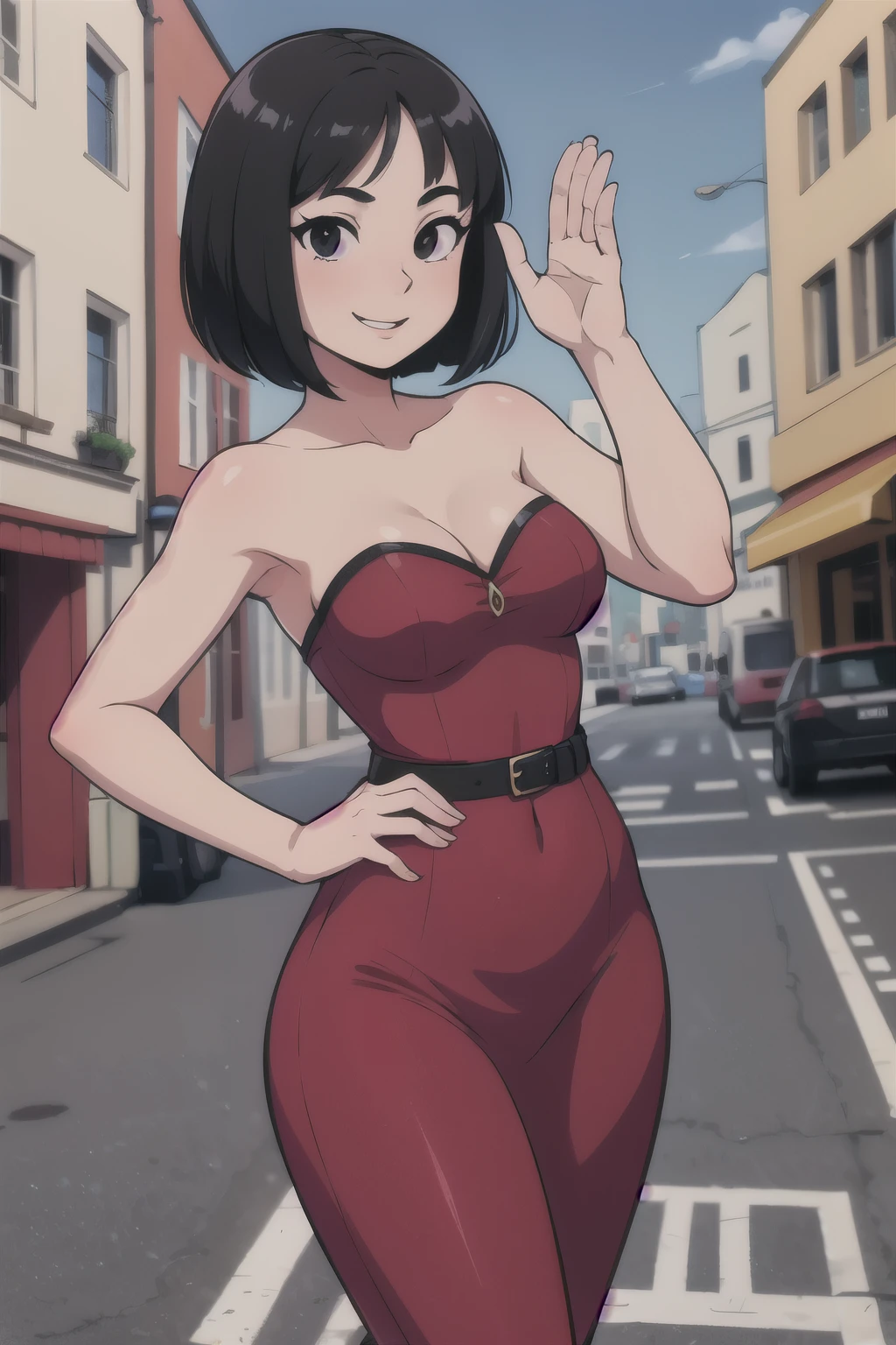 1 girl, , Black hair, Short black hair, Medium Hair, Bob Hair, Black eyes, Flamenco Dresses, Flamenco dancer, Smile, the city street, Sexy, masutepiece, High quality.