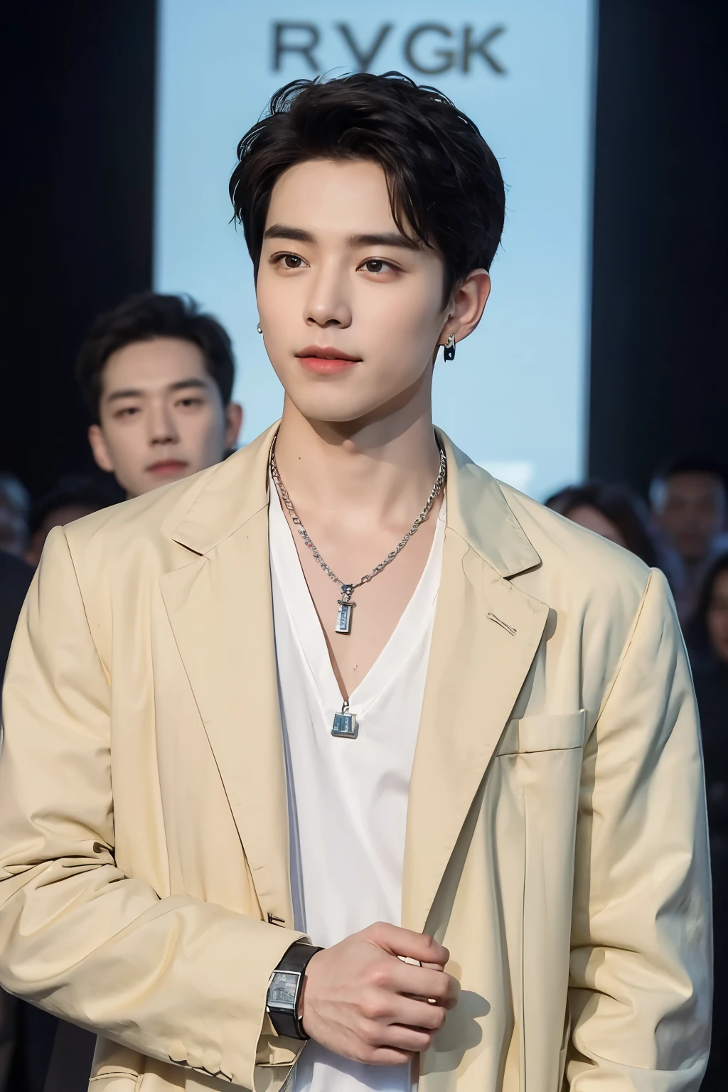 ((Best Quality, 8K, masterpiece: 1.3))、Cool Korean man, 120 year old man、Korean style long hair、Sturdy face、Handsome nose、Detailed eyes and face、Beautiful lighting、(studio)、High Resolution、 (visible to the audience)、mouth details、Thin Mouth、,Sorrisos、whole body: 1.5, perfect body figure: 1.picture of both shoulders:1.3, Wearing a White T-shirt and a casual Black coat:1.5, Accessories : (men's earrings, necklaces, men's rings, men's watches)