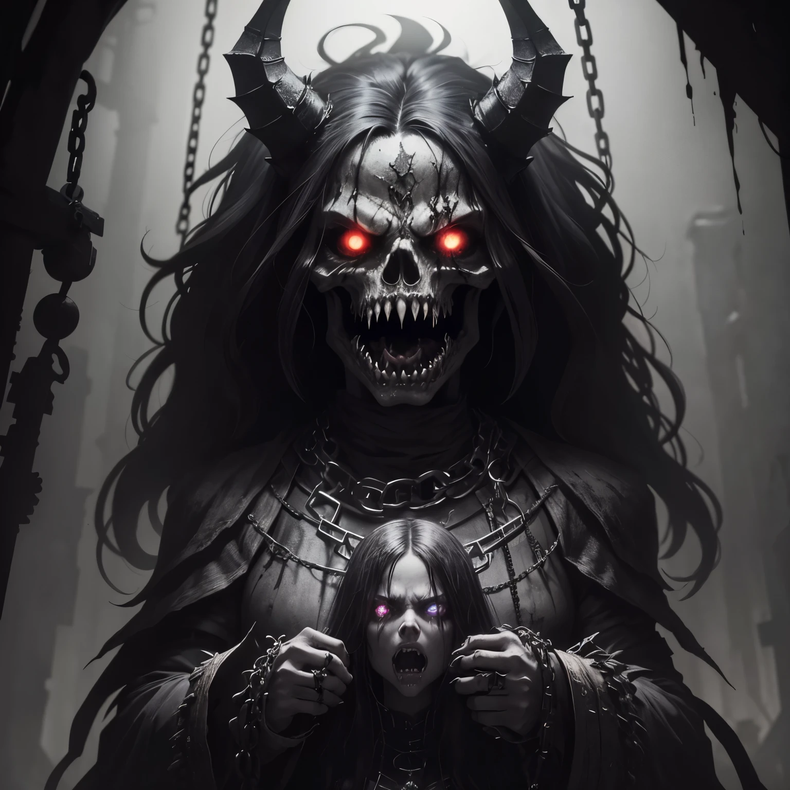 crie uma imagem que represente um ser verdadeiramente maligno, with strong physical demon traits, chained in a dark dungeon dungeon environment. Este ser, an aberration known as 'Manic Eye Behemoth', is a colossal entity with crazed eyes, full of sewn human arms, tentacles and bones that have sharp teeth and fangs protruding from the eyelids. The Behemoth is heavily chained in a decaying dungeon setting, displaying an expression of pure madness and insanity. Por favor, bring this dark image to life, highlighting macabre details and utilizing a color palette that evokes the terror and desolation of the dungeon environment.