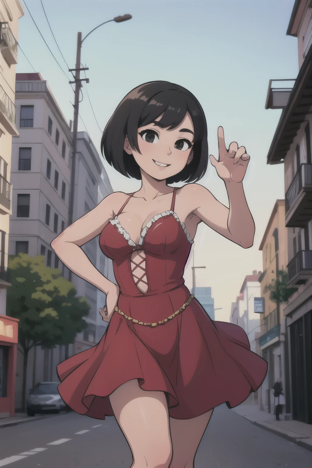 1 girl, , Black hair, Short black hair, Medium Hair, Bob Hair, Black eyes, Flamenco Dresses, Flamenco dancer, Smile, the city street, Sexy, masterpiece, High quality.