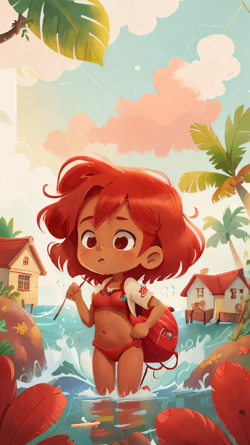 girl in the sea, with bikini, red hair, brown skin, red bikini, rainy day, sea wave