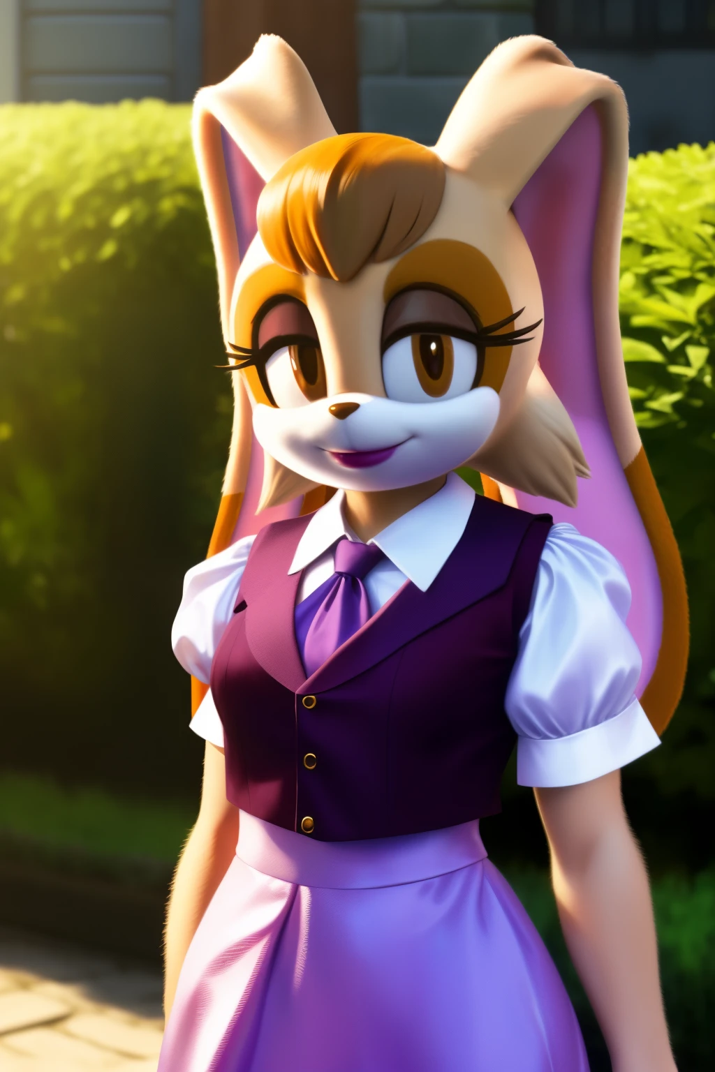 1girls,((Vanilla the rabbit:1.1)),wears a long lavender dress with a white trim at the bottom of the puffy sleeves and the skirt, ((burgundy-fitted vest:1.2)), short sleeves,a blue ascot, white gloves with gold cufflinks, brown_hair,dipstick_ear, female,cleavage, female_solo, outdoors, garden,smile,realistic,hyper realistic,day, lipstick, looking at viewer,holding condom